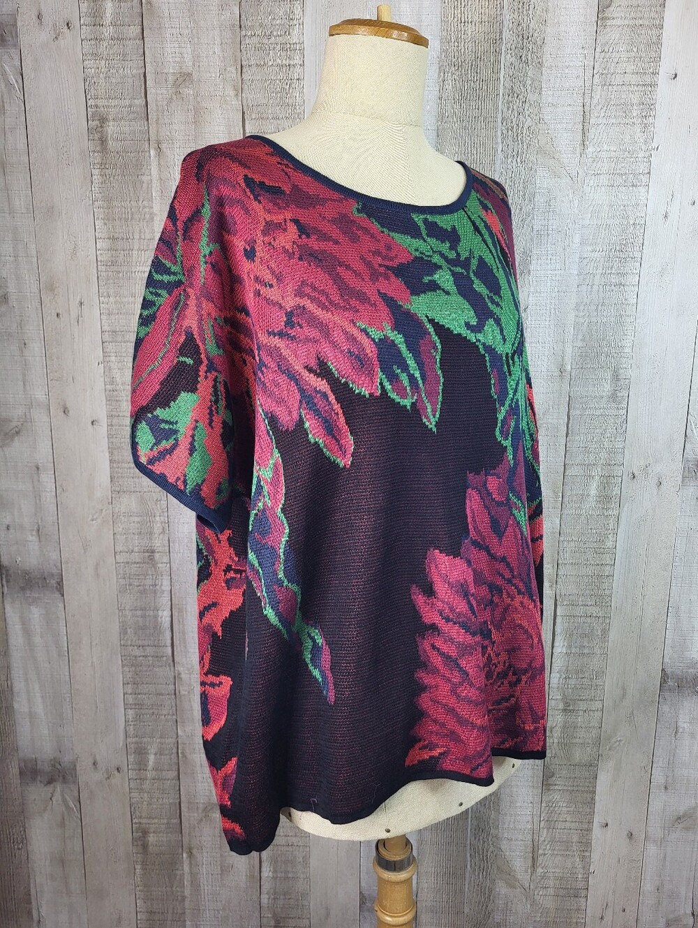 Peruvian Connection Floral Print Knit Tunic Top - Navy with Pink & Green